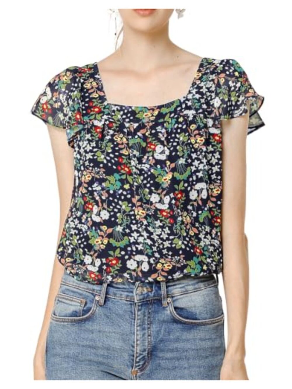 Women's Chiffon Ruffle Square Neck Floral Blouse Flowy Summer Top